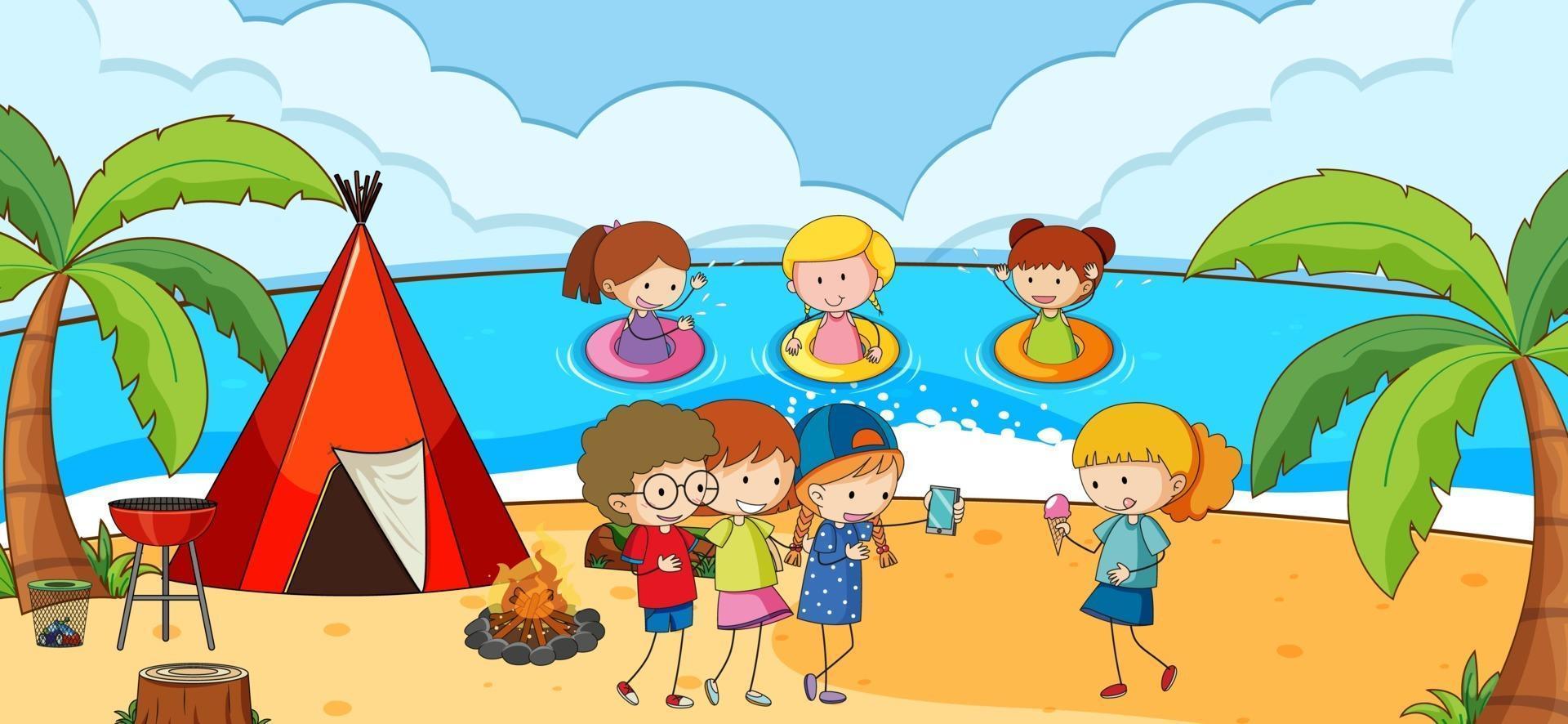 strandtafereel met veel kinderen doodle stripfiguur vector