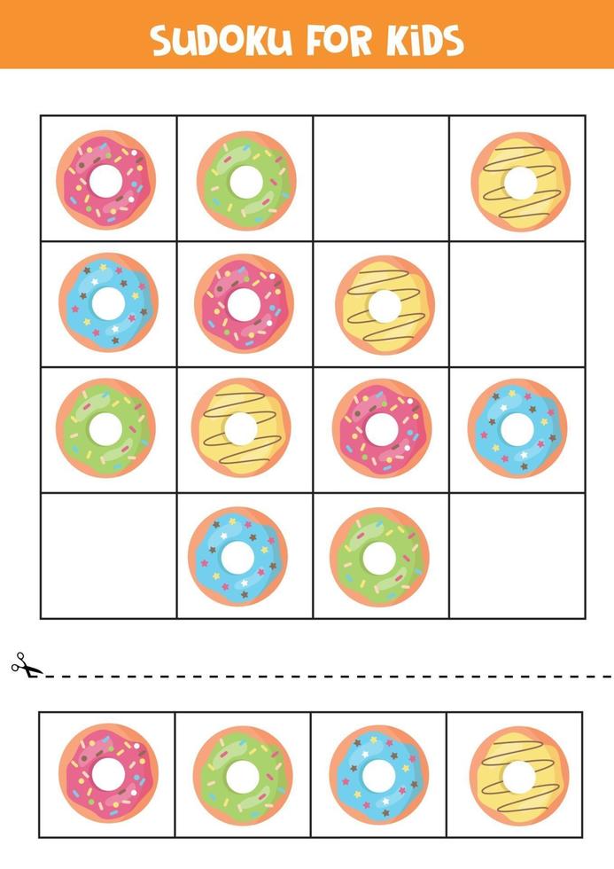 sudoku voor kinderen met cartoon donuts. logisch spel voor kleuters. vector