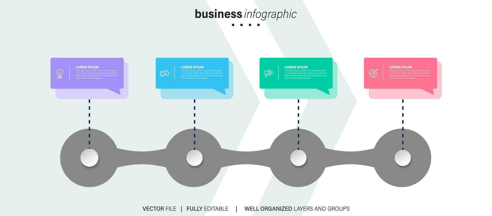 bedrijf infographics sjabloon.tijdlijn met 4 stappen, cirkels, opties en afzet pictogrammen. vector lineair infographic elementen.