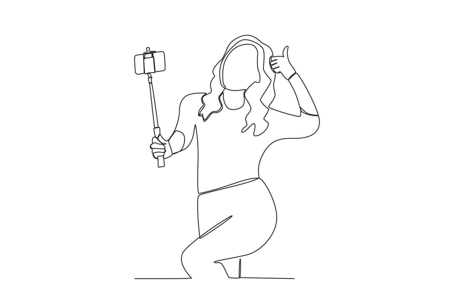 een doorlopend lijn tekening van een de vrouw vlogger sluit haar vlog door geven een duimen omhoog vector