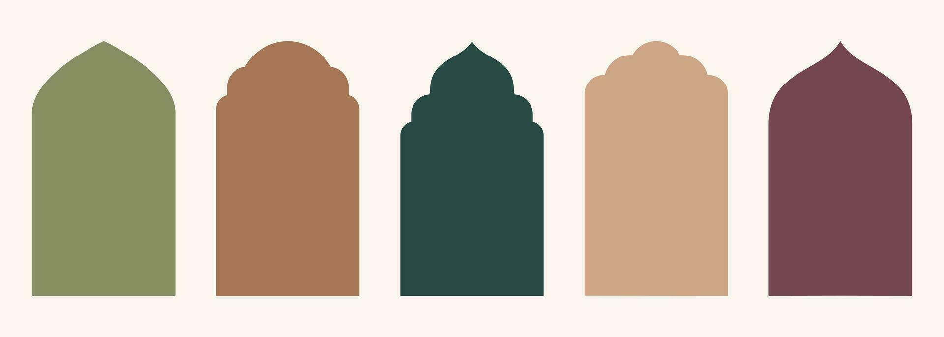 vorm Islamitisch deur en venster silhouet Arabisch boog met symbolen . verzameling van patronen in oosters stijl. kaders in Arabisch moslim ontwerp voor Ramadan kareem. vector moskee poort geïsoleerd Aan wit.