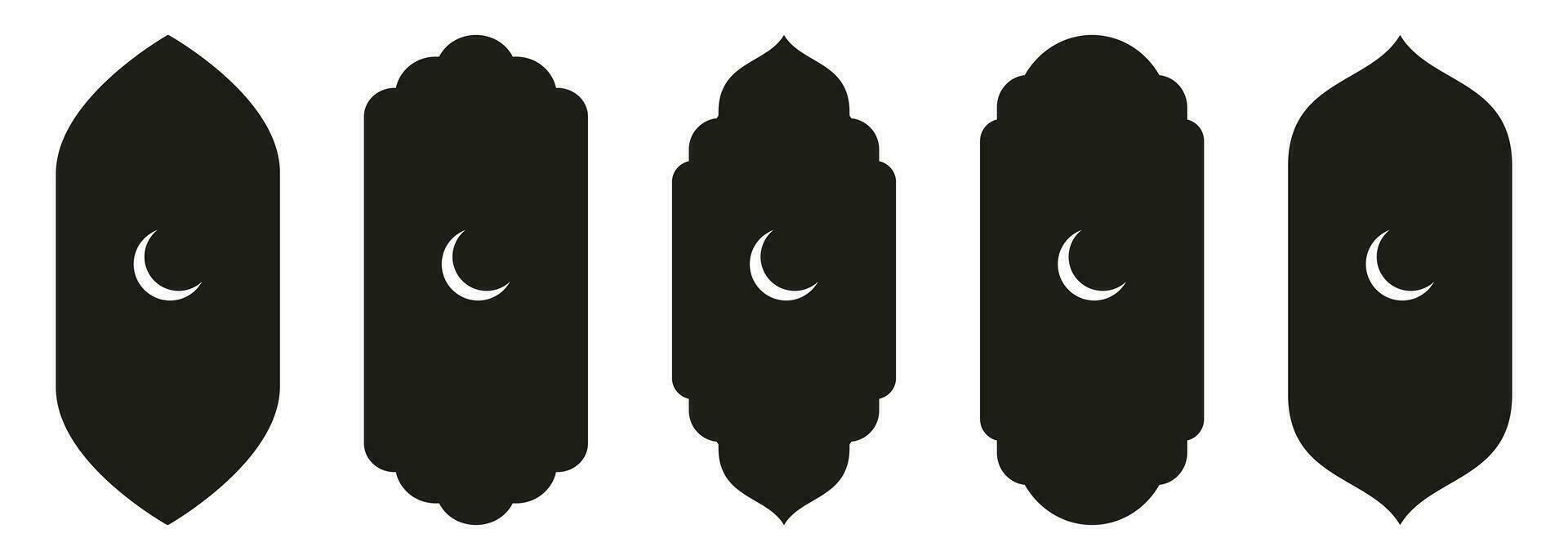 vorm Islamitisch deur en venster silhouet Arabisch boog met symbolen . verzameling van patronen in oosters stijl. kaders in Arabisch moslim ontwerp voor Ramadan kareem. vector moskee poort geïsoleerd Aan wit.