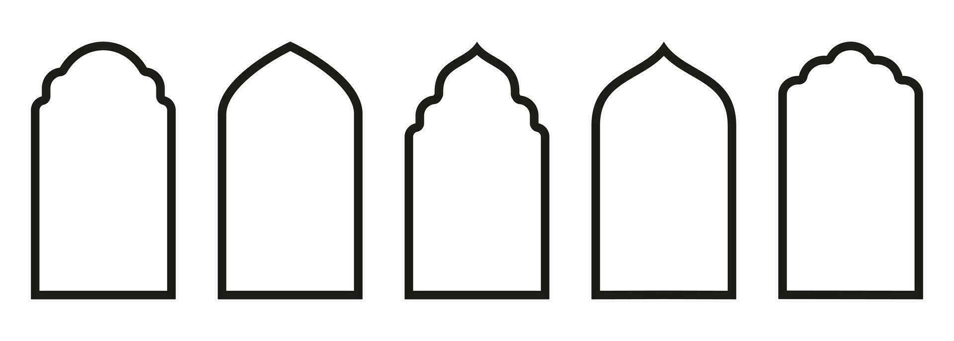 vorm Islamitisch deur en venster silhouet Arabisch boog met symbolen . verzameling van patronen in oosters stijl. kaders in Arabisch moslim voor Ramadan kareem. vector moskee poort beroerte geïsoleerd Aan wit.