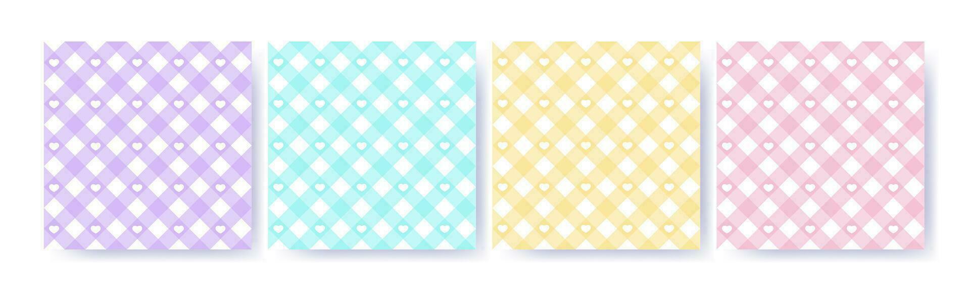 katoenen stof hart diagonaal naadloos patroon reeks in pastel kleuren. Vichy plaid ontwerp voor Pasen vakantie textiel decoratief. vector geruit patroon voor kleding stof - picknick deken, tafelkleed, jurk, servet.