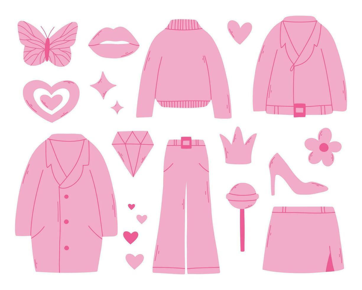 barbiecore set. roze modieus set, roze pop esthetisch accessoires en kleding. vector illustratie