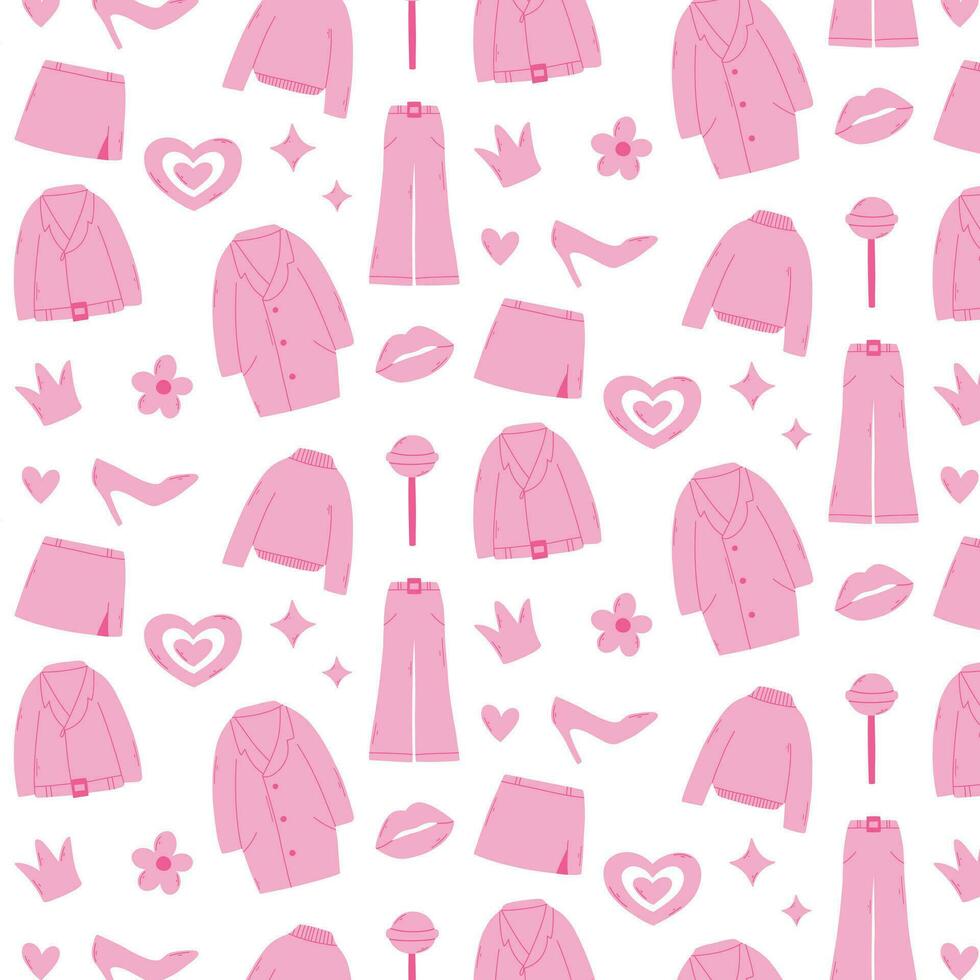 naadloos patroon barbicore. vector illustratie. roze afdrukken met kleren. schoenen.