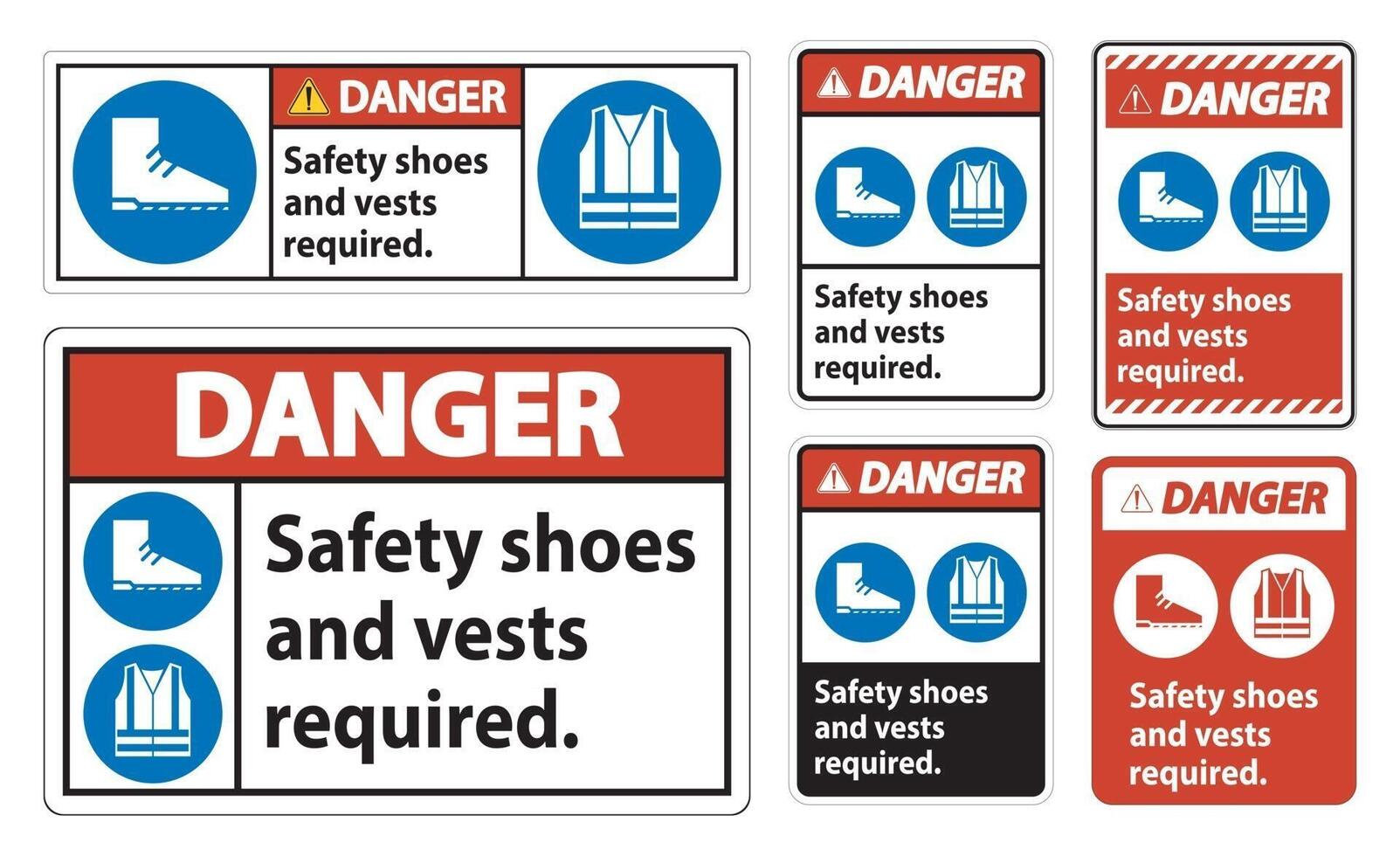 gevaar teken veiligheidsschoenen en vest vereist met pbm symbolen op witte achtergrond vector
