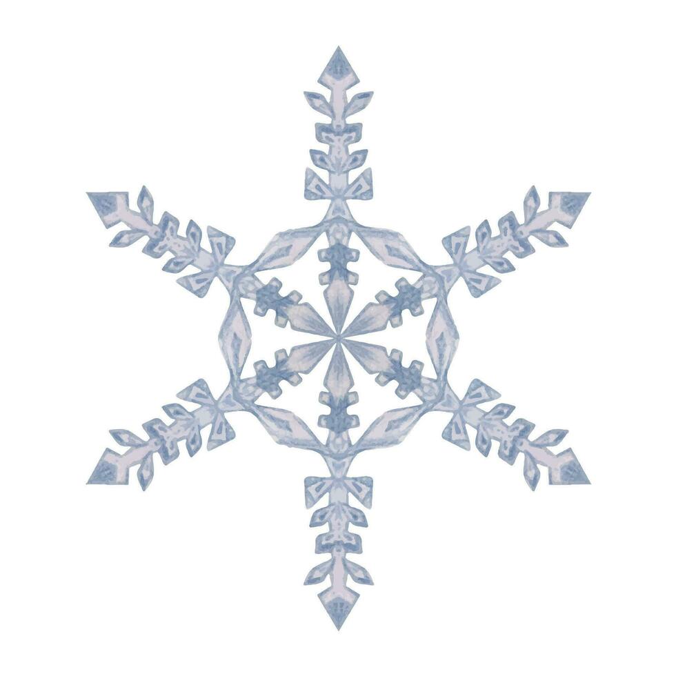 hand- getrokken waterverf blauw en zilver sneeuwvlokken, water ijs kristal bevroren in winter. illustratie, single voorwerp geïsoleerd Aan wit achtergrond. ontwerp voor vakantie poster, afdrukken, website, kaart, boekje vector