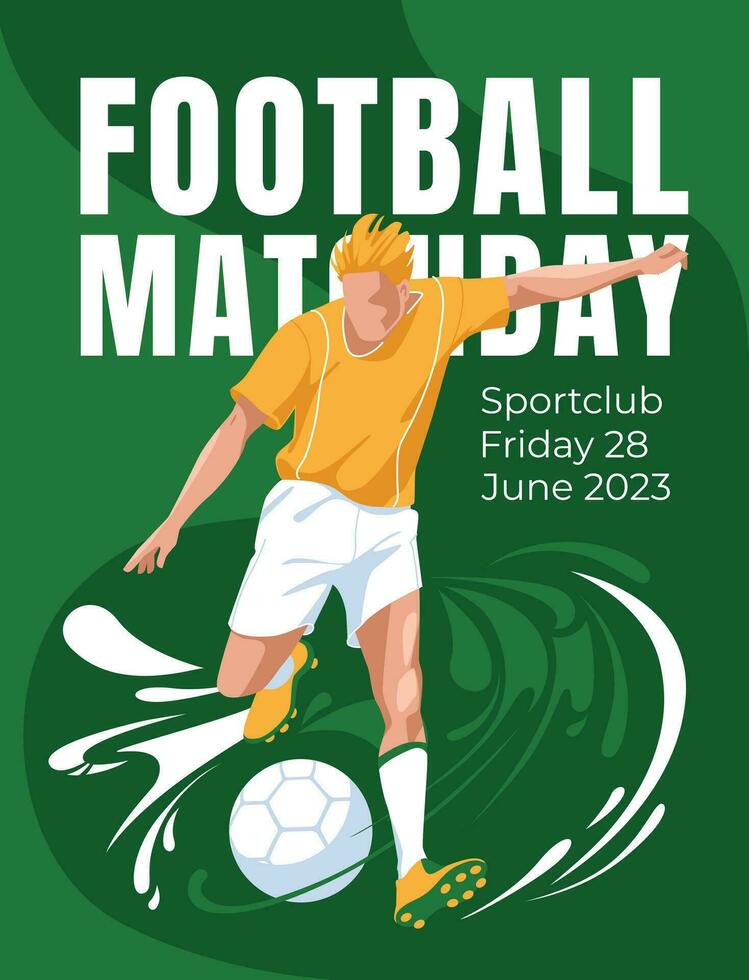 Amerikaans voetbal spel poster. atleet Aan de achtergrond van groot tekst en spatten. groen folder ontwerp. vector vlak illustratie