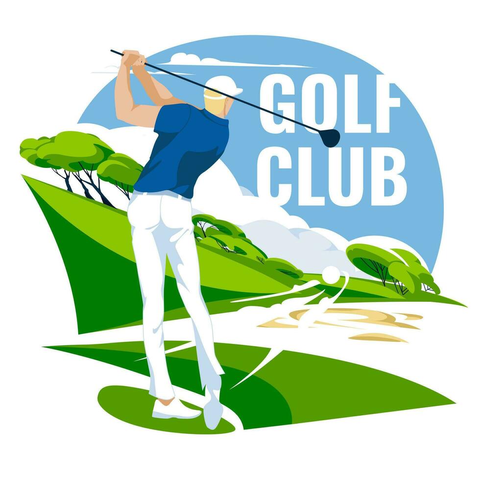 een mannetje golfspeler maakt een schot Aan een helder groen golf Cursus. professioneel sport- en hobby's. kampioenschap en wedstrijd. vector vlak illustratie