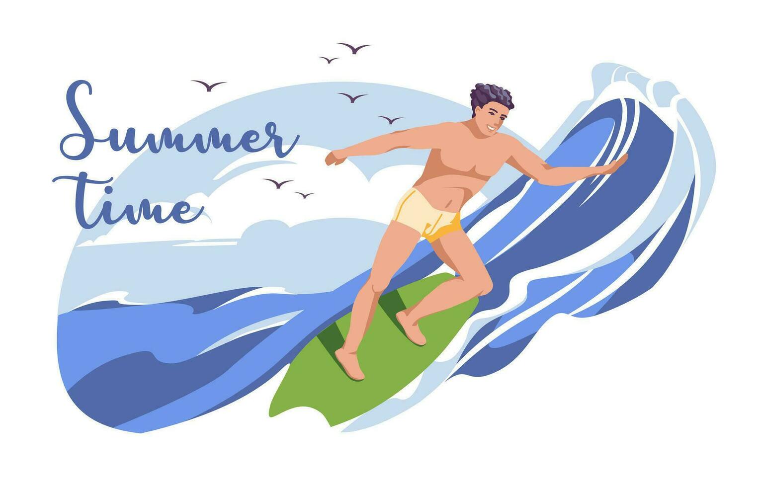 zomer surfing van jong Mens surfer Bij bord Aan oceaan Golf. vlak vector illustratie voor zomer sport werkzaamheid en zee vrije tijd hobby