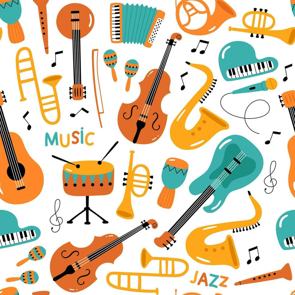 naadloos patroon met musical instrumenten in tekenfilm stijl. vector illustratie