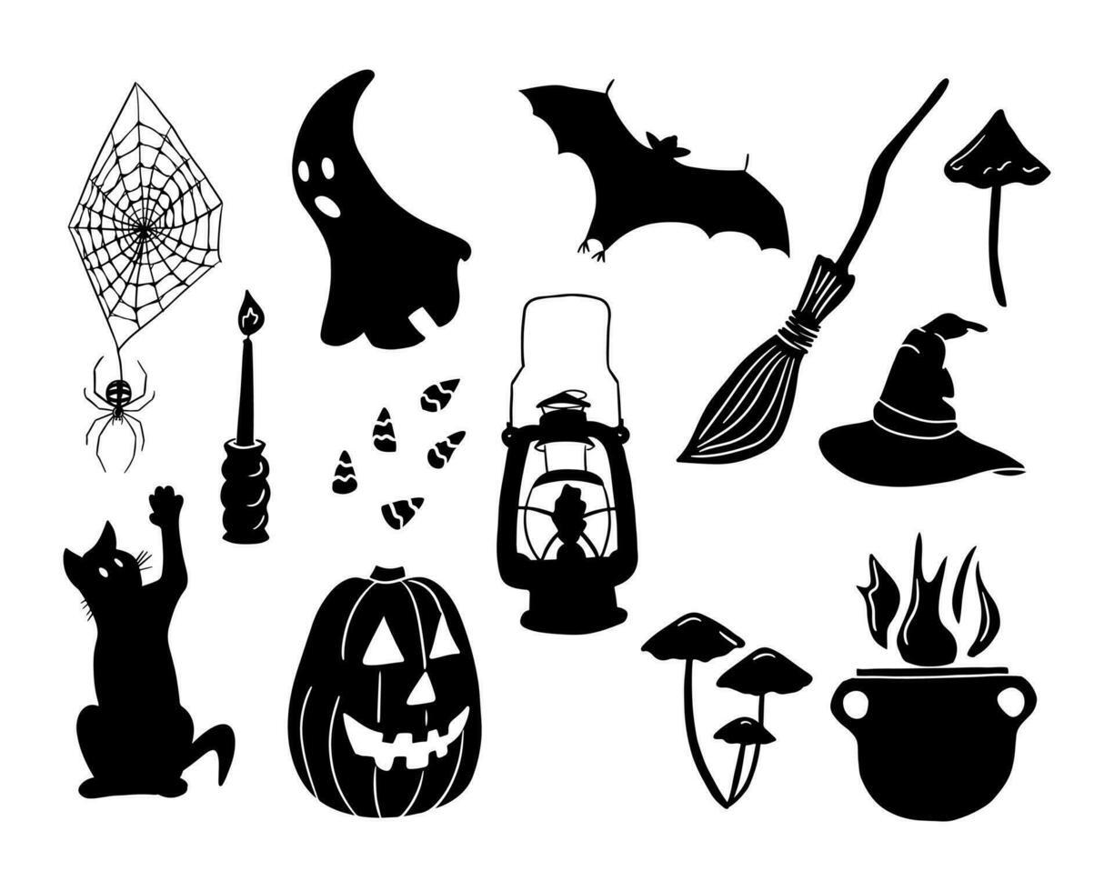 reeks van vlak vector silhouet halloween elementen. griezelig tekening halloween voorwerpen voor partij decoratie. minimalistisch zwart geïsoleerd ontwerp Aan wit achtergrond voor stickers, decoratie