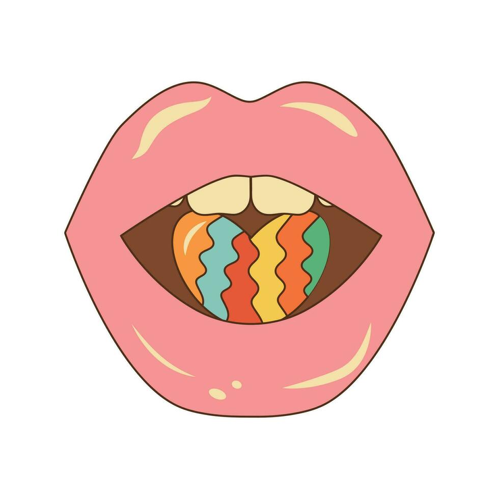 Open mond met regenboog hart. schattig groovy vrouw lippen. kleurrijk contour illustratie. vector