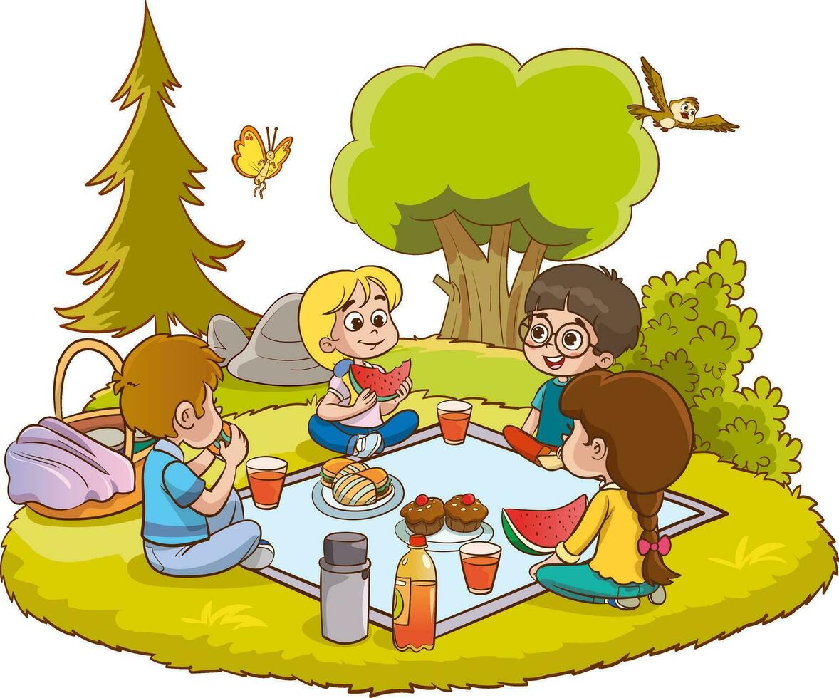 illustratie van kinderen hebben een picknick Bij de park Aan een wit achtergrond vector