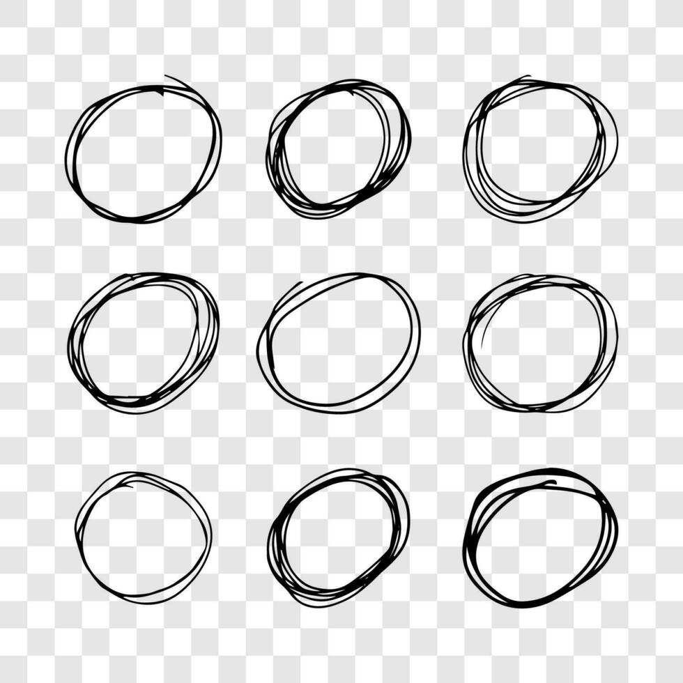hand- getrokken kattebelletje cirkels. reeks van negen zwart tekening ronde circulaire ontwerp elementen Aan achtergrond. vector illustratie
