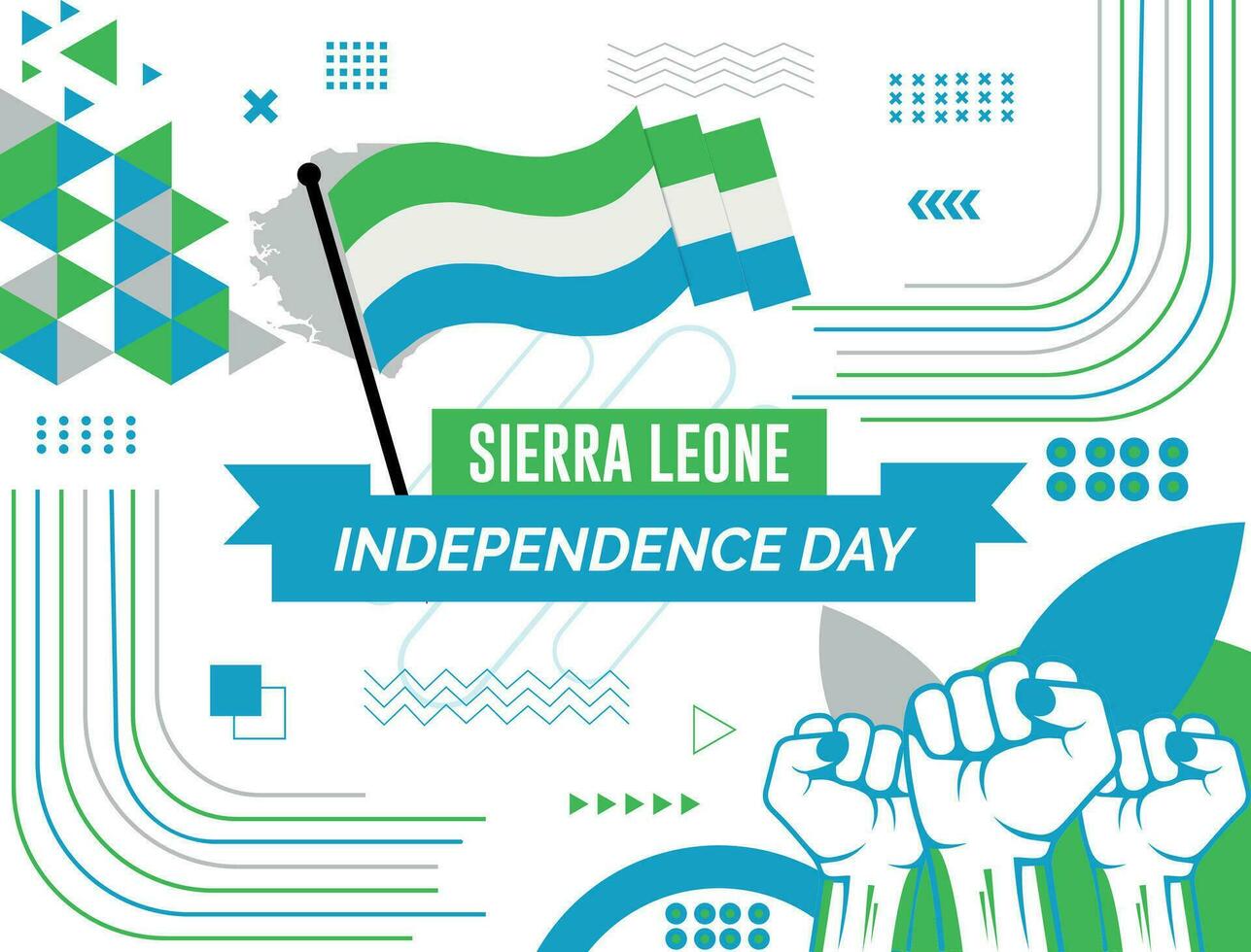 Sierra Leone nationaal dag banier met kaart, vlag kleuren thema achtergrond en meetkundig abstract retro modern kleurrijk ontwerp met verheven handen of vuisten. vector