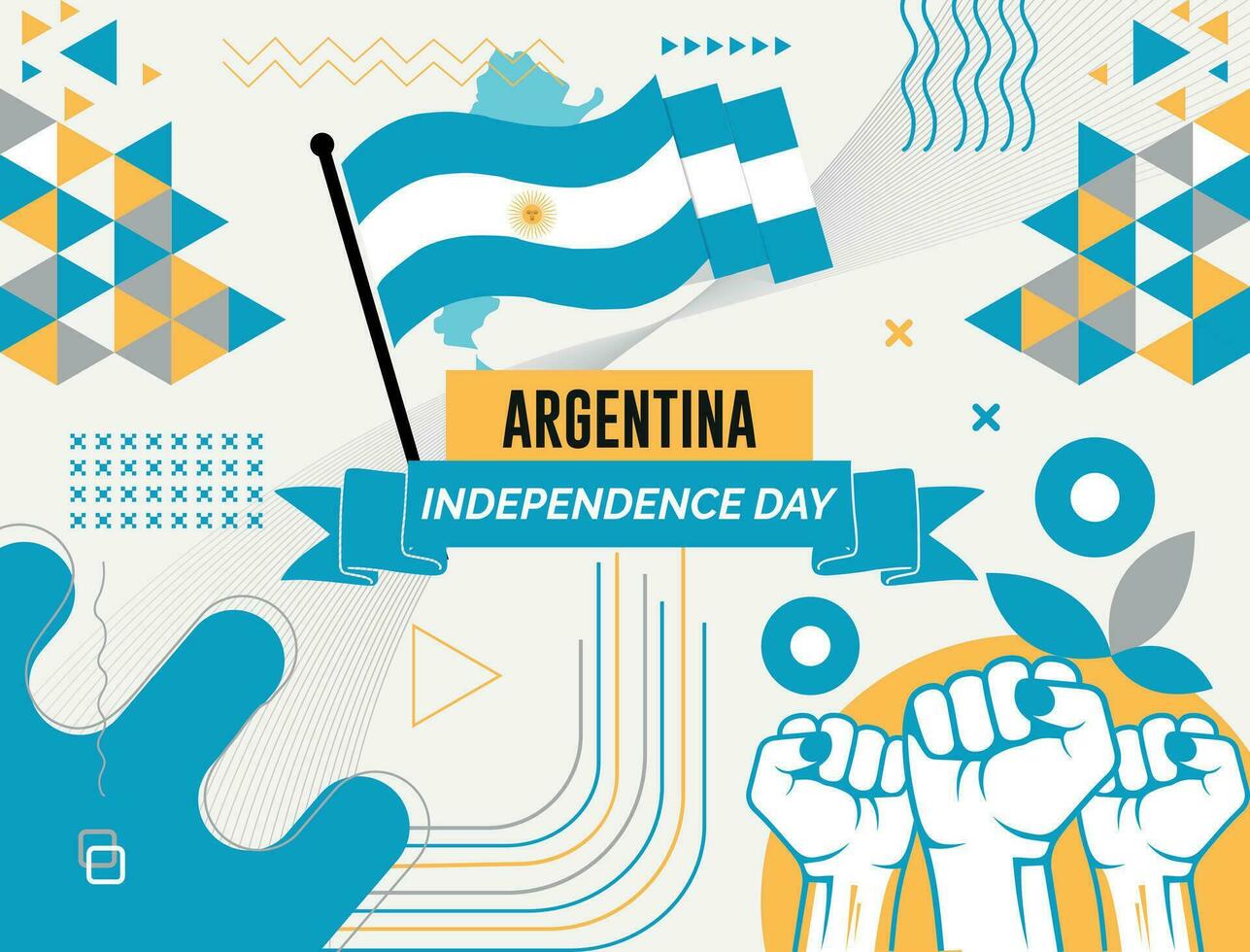 Argentinië nationaal dag banier met kaart, vlag kleuren thema achtergrond en meetkundig abstract retro modern kleurrijk ontwerp met verheven handen of vuisten. vector