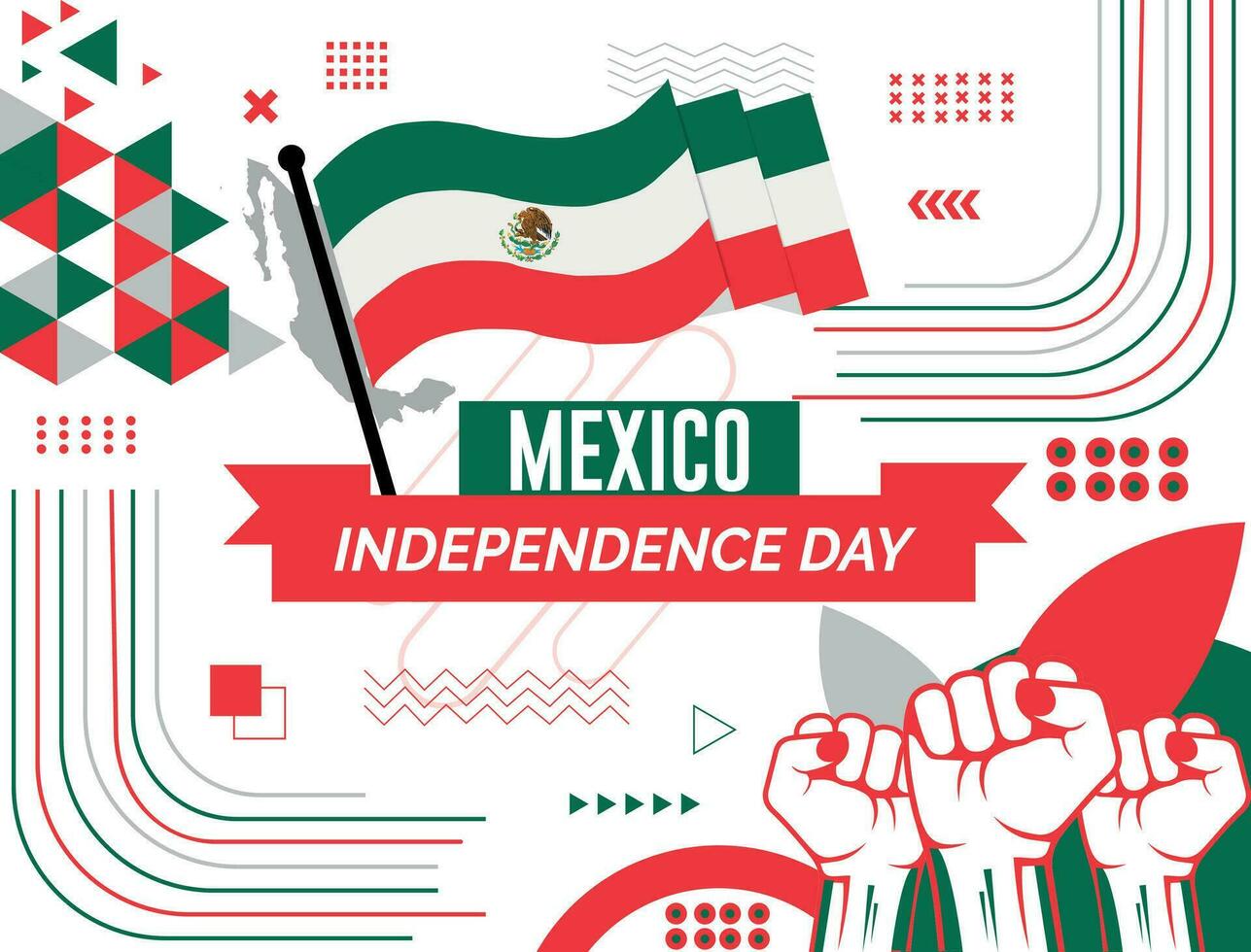 Mexico nationaal dag banier met kaart, vlag kleuren thema achtergrond en meetkundig abstract retro modern kleurrijk ontwerp met verheven handen of vuisten. vector