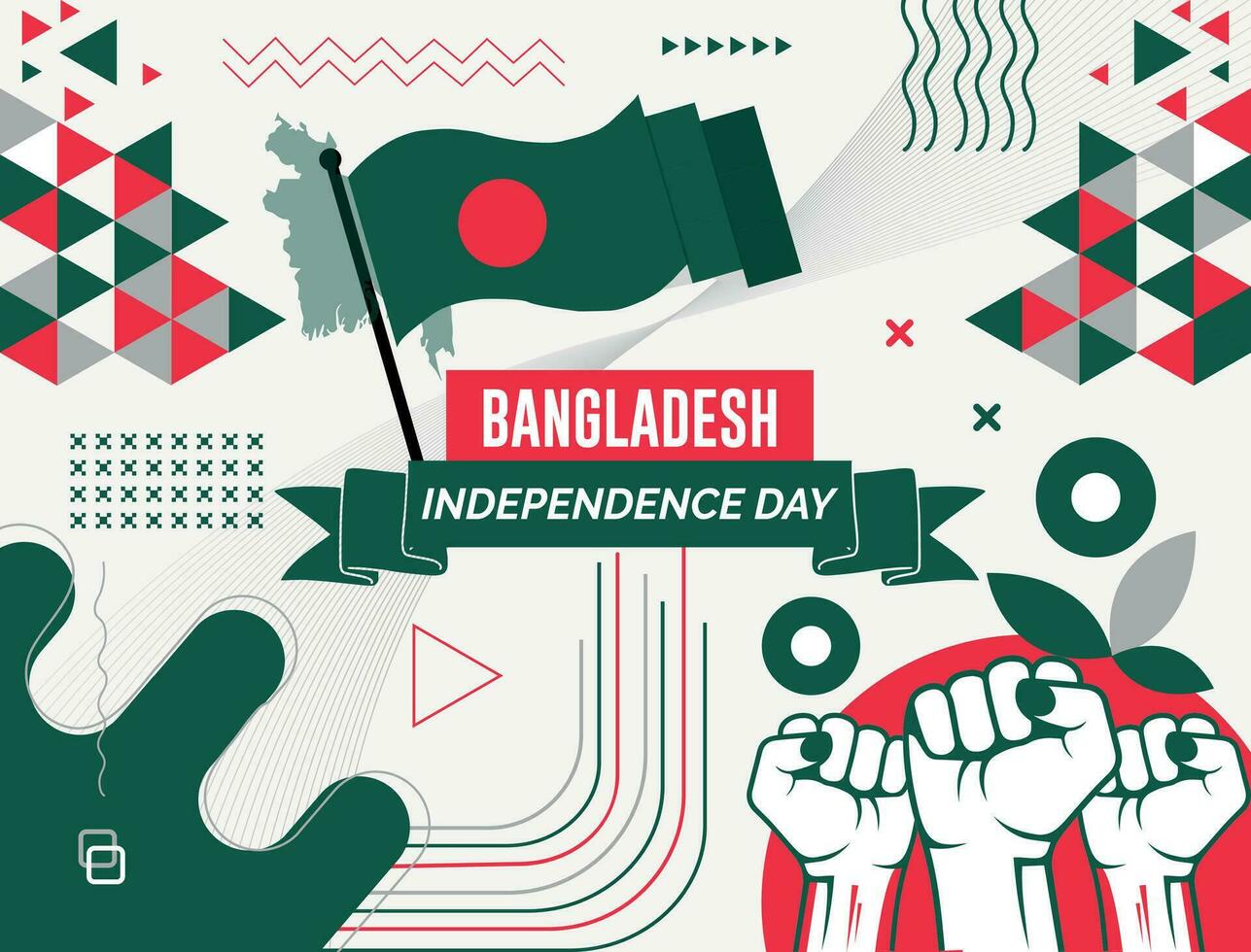 Bangladesh nationaal dag banier met kaart, vlag kleuren thema achtergrond en meetkundig abstract retro modern kleurrijk ontwerp met verheven handen of vuisten. vector