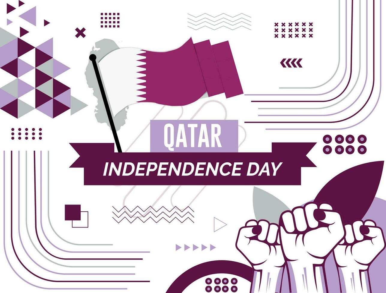 qatar nationaal dag banier met kaart, vlag kleuren thema achtergrond en meetkundig abstract retro modern kleurrijk ontwerp met verheven handen of vuisten. vector