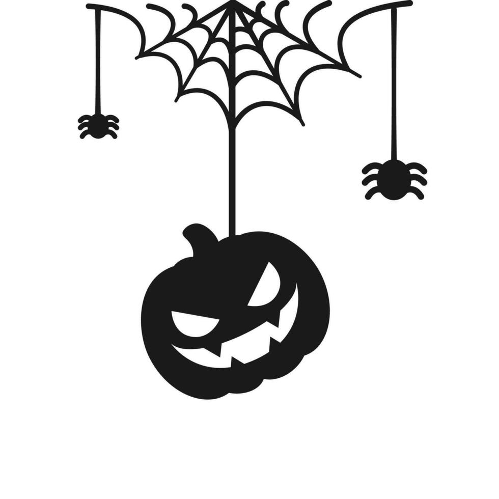 jack O lantaarn onheil pompoen hangende Aan een spin web silhouet, gelukkig halloween spookachtig ornamenten decoratie vector illustratie