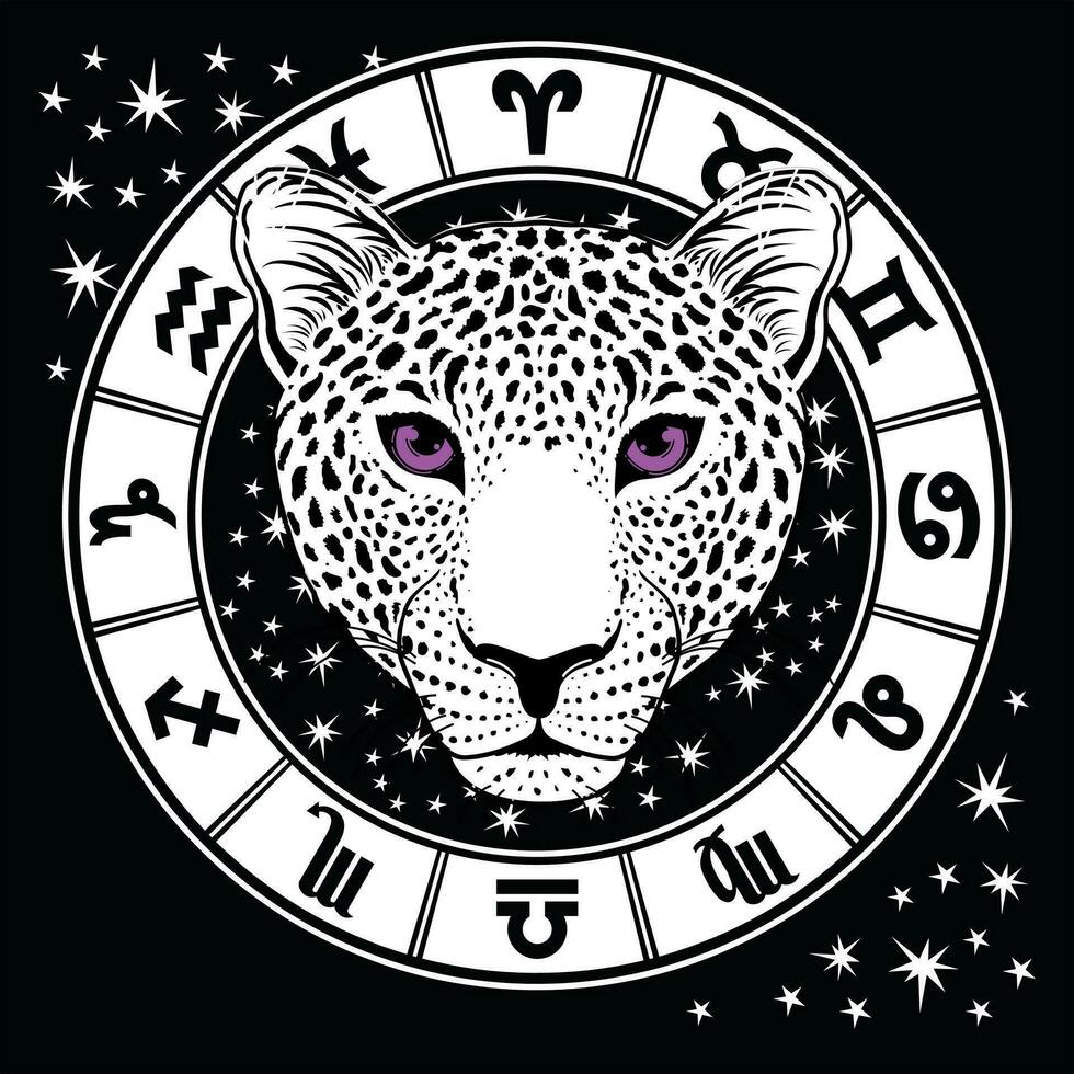 ontwerp voor een luipaard hoofd t-shirt met tekens van de dierenriem. vector illustratie Aan esoterisch thema's.