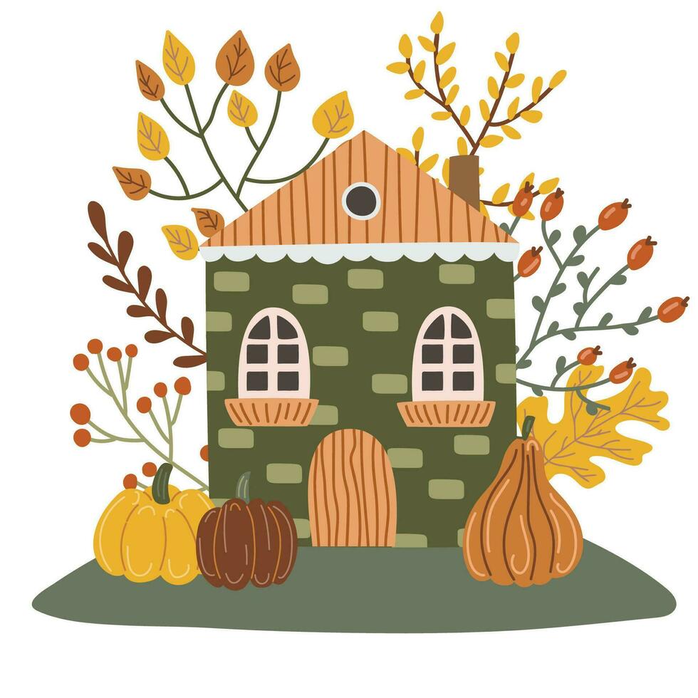 huis met bomen. herfst seizoen. vector illustratie in vlak tekenfilm stijl.