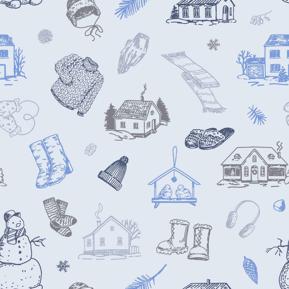 besneeuwd huizen, warm dragen, knus winter tijd ornament in schetsen stijl. vector naadloos patroon voor vakantie ontwerp, achtergrond, behang, decor.
