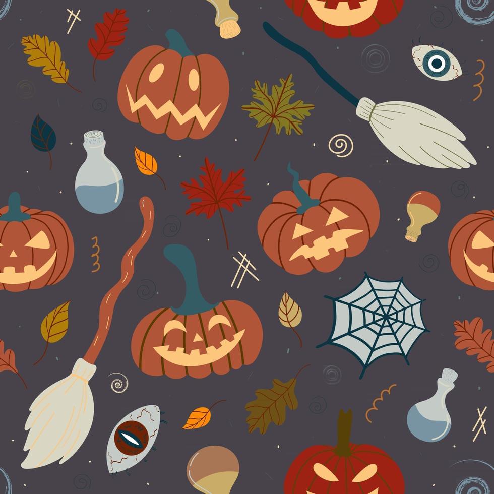 naadloos halloween-pompoenpatroon met hekserijattributen spinnen, heksenbezem, drankjes op een donkere achtergrond. ontwerp voor uitnodigingen, textiel, gedrukte producten, textiel. vectorillustratiec vector