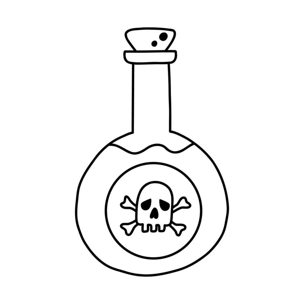 gemakkelijk hand- getrokken vergiftigen fles met schedel en botten Mark Aan de label. schattig tekening met schets van giftig, gevaarlijk chemisch vloeistof. alchimie of goochelaar drank elixer in de fles of kan. vector