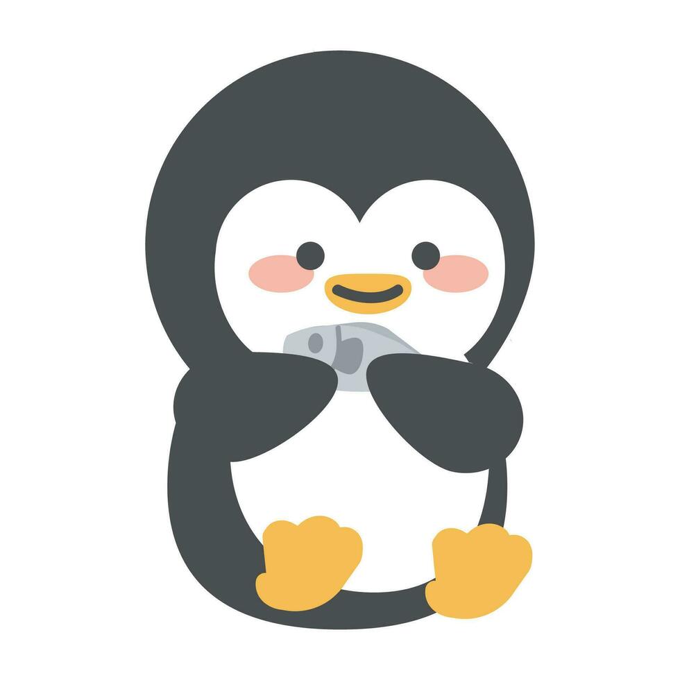 schattig pinguïn aan het eten vis vlak tekenfilm stijl vector