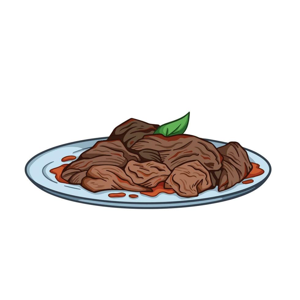 rendang rundvlees Indonesisch voedsel vector illustratie geschetst en gekleurde geïsoleerd Aan plein wit achtergrond. gemakkelijk vlak tekenfilm kunst gestileerd tekening.