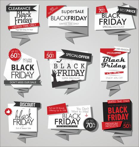 Verzameling van Black Friday-verkoopkorting en promotiebanners en etiketten vector