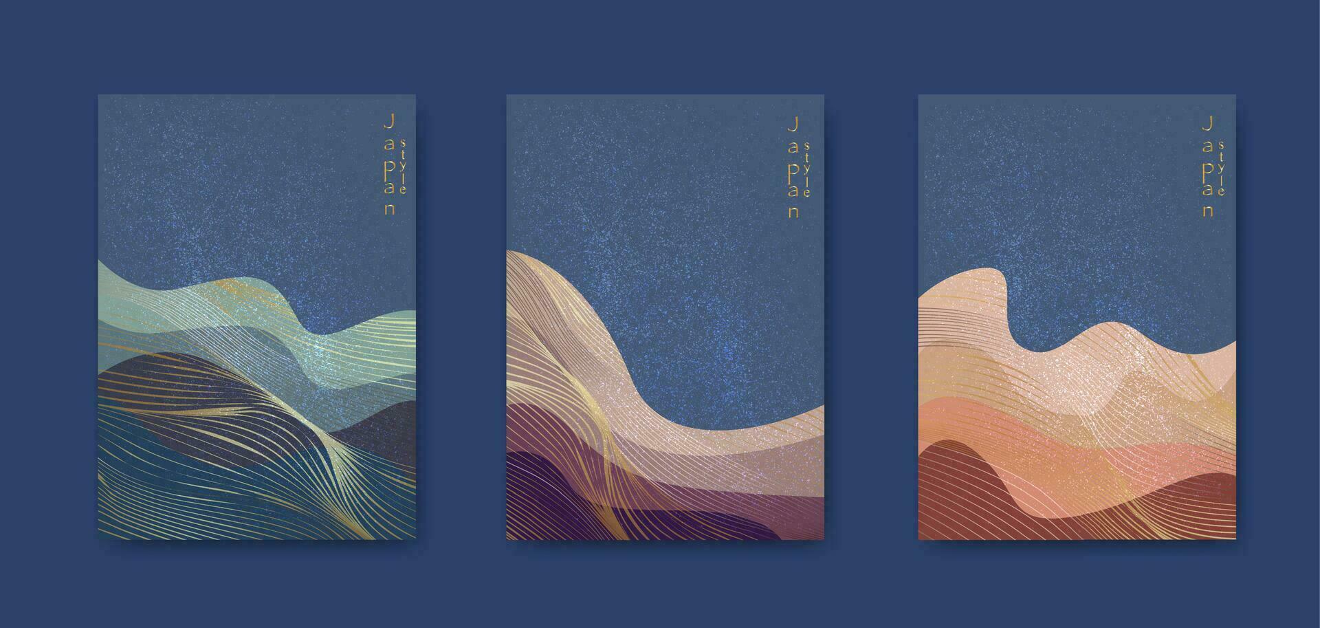 Japans Golf patroon met abstract landschap grunge kunst achtergrond vector. blauw water oppervlakte en oceaan elementen sjabloon in wijnoogst luxe stijl. vector