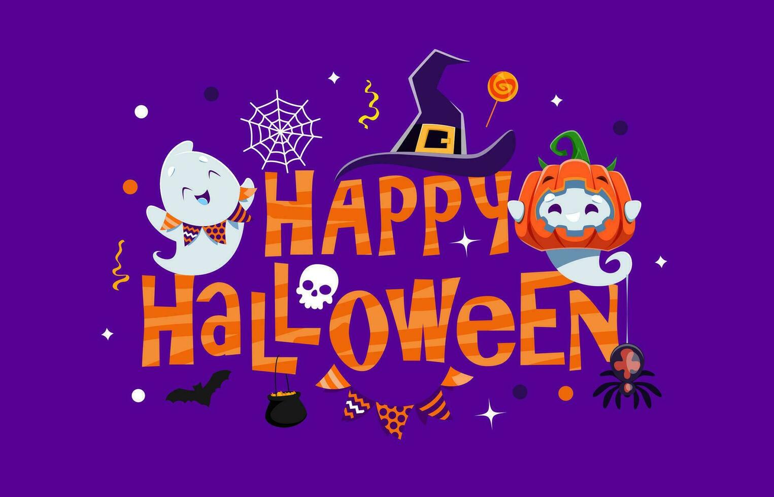 gelukkig halloween banier met kawaii geest, vakantie vector