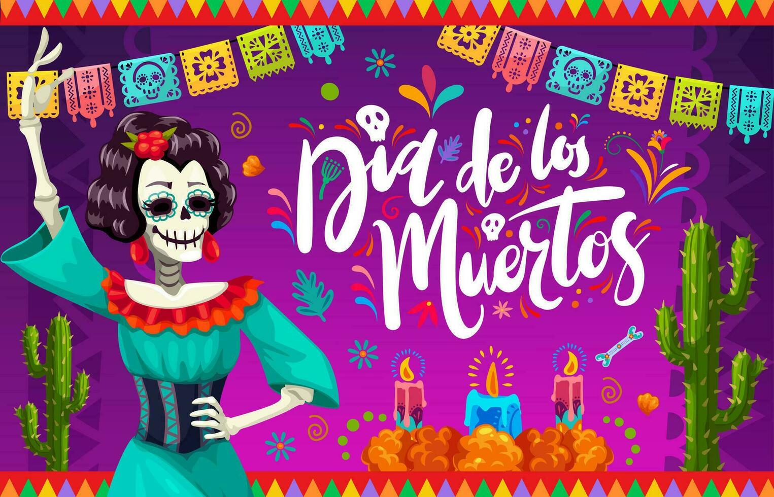 Mexicaans dag van dood vakantie Catrina en bloemen vector