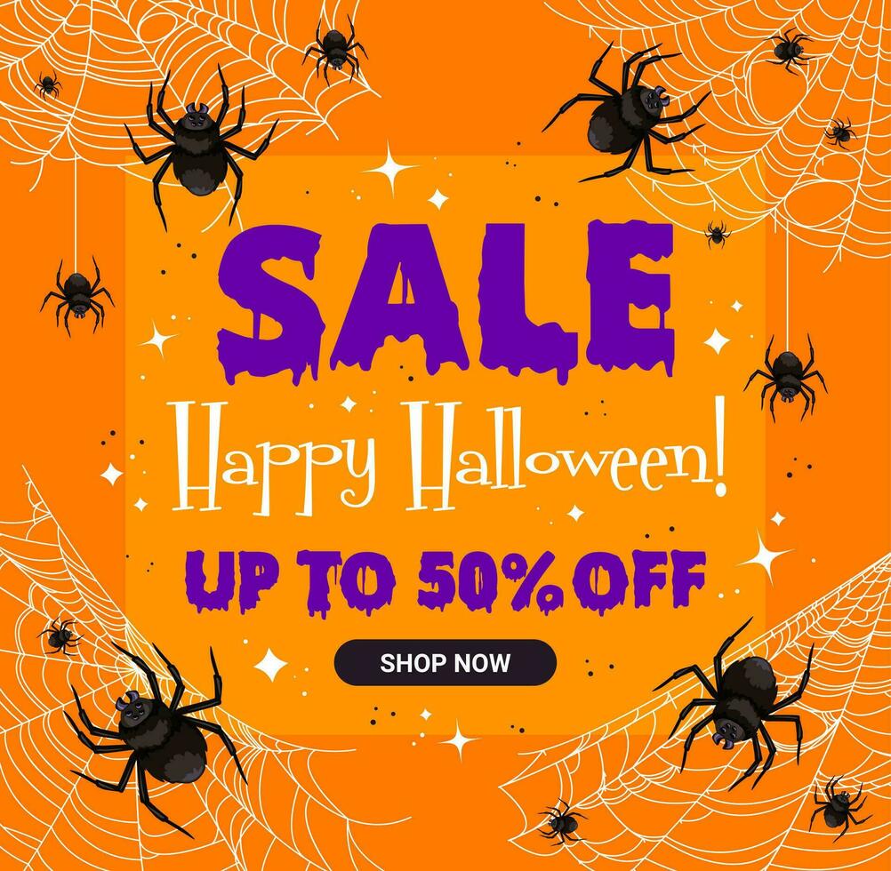 halloween uitverkoop banier, spinneweb spinnen, korting vector