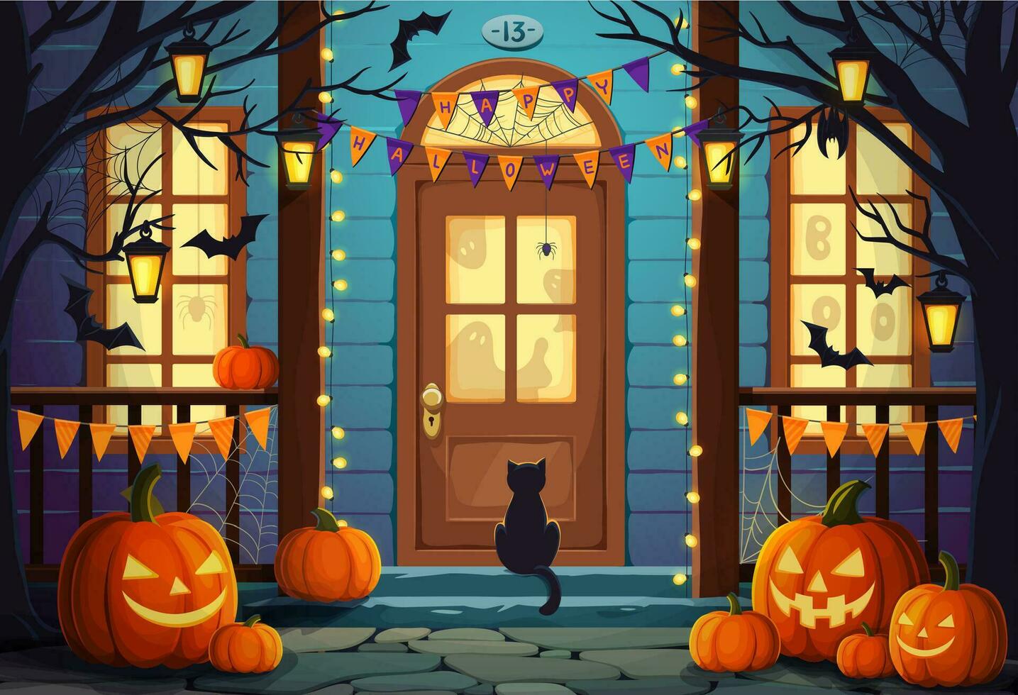 halloween deur en portiek, pompoenen en heks kat vector