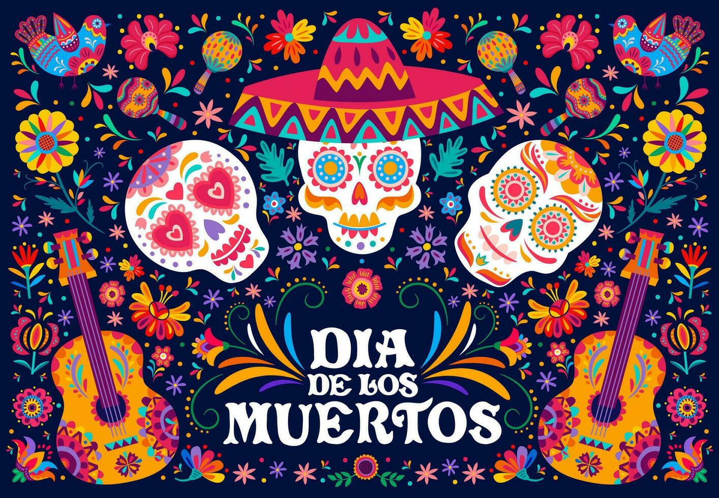 dia de los Muertos Mexicaans schedels en gitaren vector