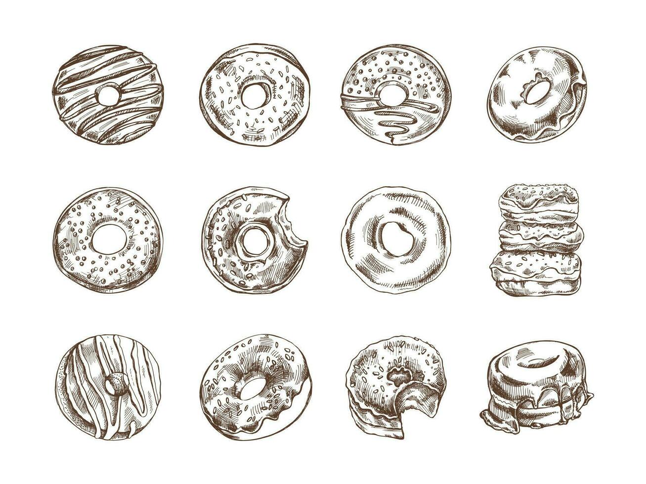 een reeks van hand getekend schetsen van donuts. wijnoogst illustratie. gebakje snoepgoed, nagerecht. element voor de ontwerp van etiketten, verpakking en ansichtkaarten. vector