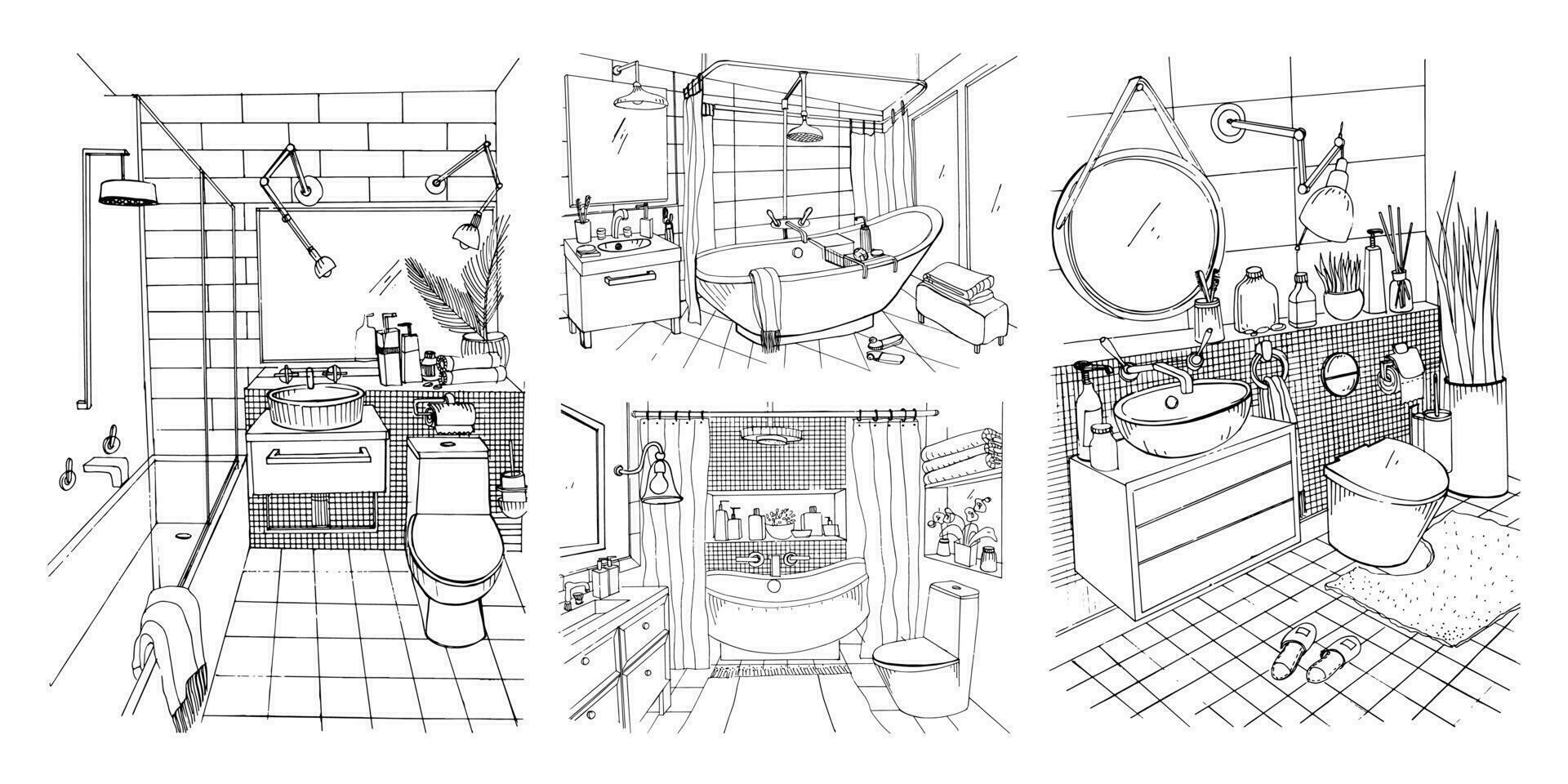 hand- getrokken modern badkamer en toilet interieur ontwerp verzameling. contour vector schetsen illustraties set.