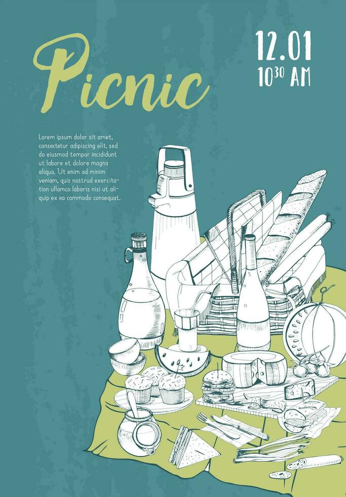 hand- getrokken picknick poster. aanplakbiljet met plaats voor tekst en voedsel illustratie. vector