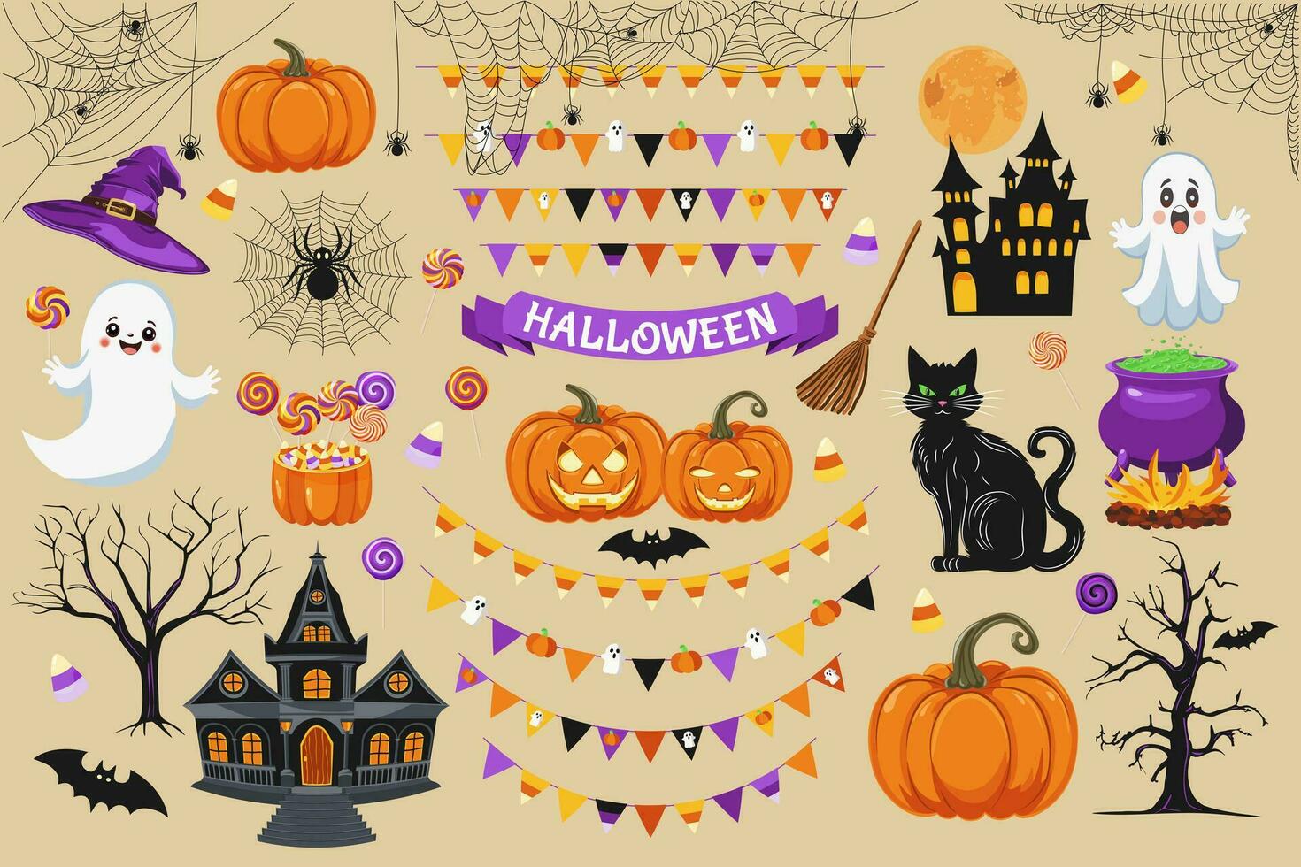 halloween symbolen. jack O lantaarn achtervolgd huis zwart kat heks hoed snoep knuppel vol maan vlag slinger geest pompoen spin web ketel bezemsteel spin snoep maïs. vector pictogrammen set.