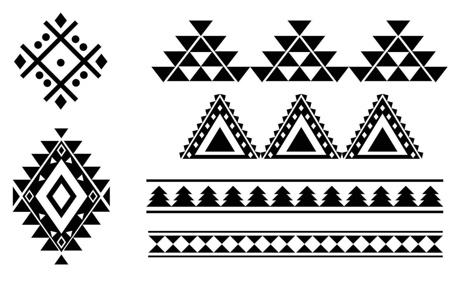 oosters etnisch patroon. reeks van etnisch ornamenten. tribal ontwerp, meetkundig symbolen voor tatoeëren, logo, kaarten, kleding stof decoratief werken. traditioneel afdrukken vector illustratie. Aan wit achtergrond.