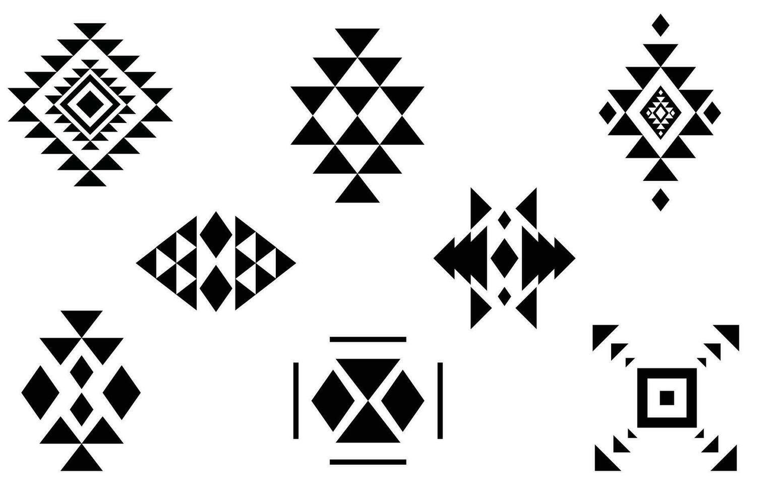 oosters etnisch patroon. reeks van etnisch ornamenten. tribal ontwerp, meetkundig symbolen voor tatoeëren, logo, kaarten, kleding stof decoratief werken. traditioneel afdrukken vector illustratie. Aan wit achtergrond.