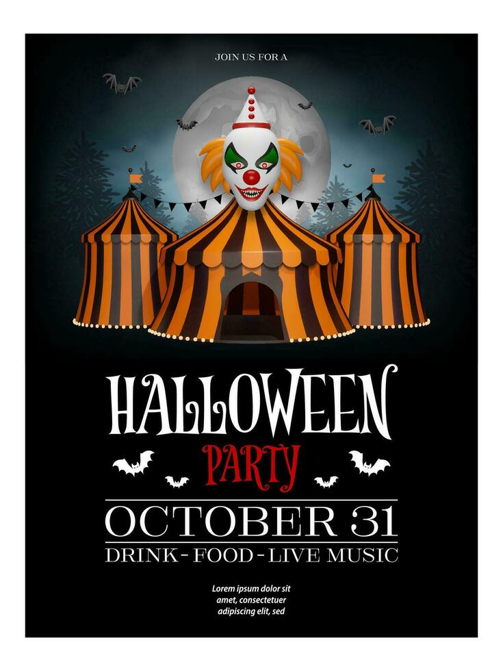 halloween poster met onheil clown en circus met oranje en zwart strepen vector