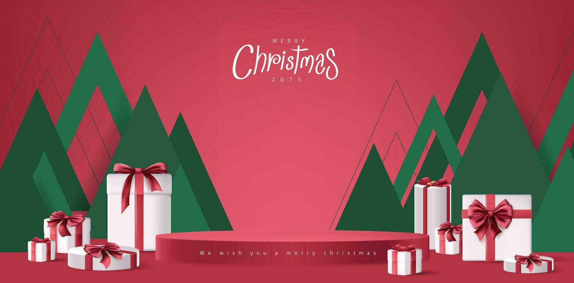 gelukkig vrolijk Kerstmis banier met Product Scherm rood cilindrisch vorm en geschenk doos rood boog decoratie abstract groen en rood achtergrond vector