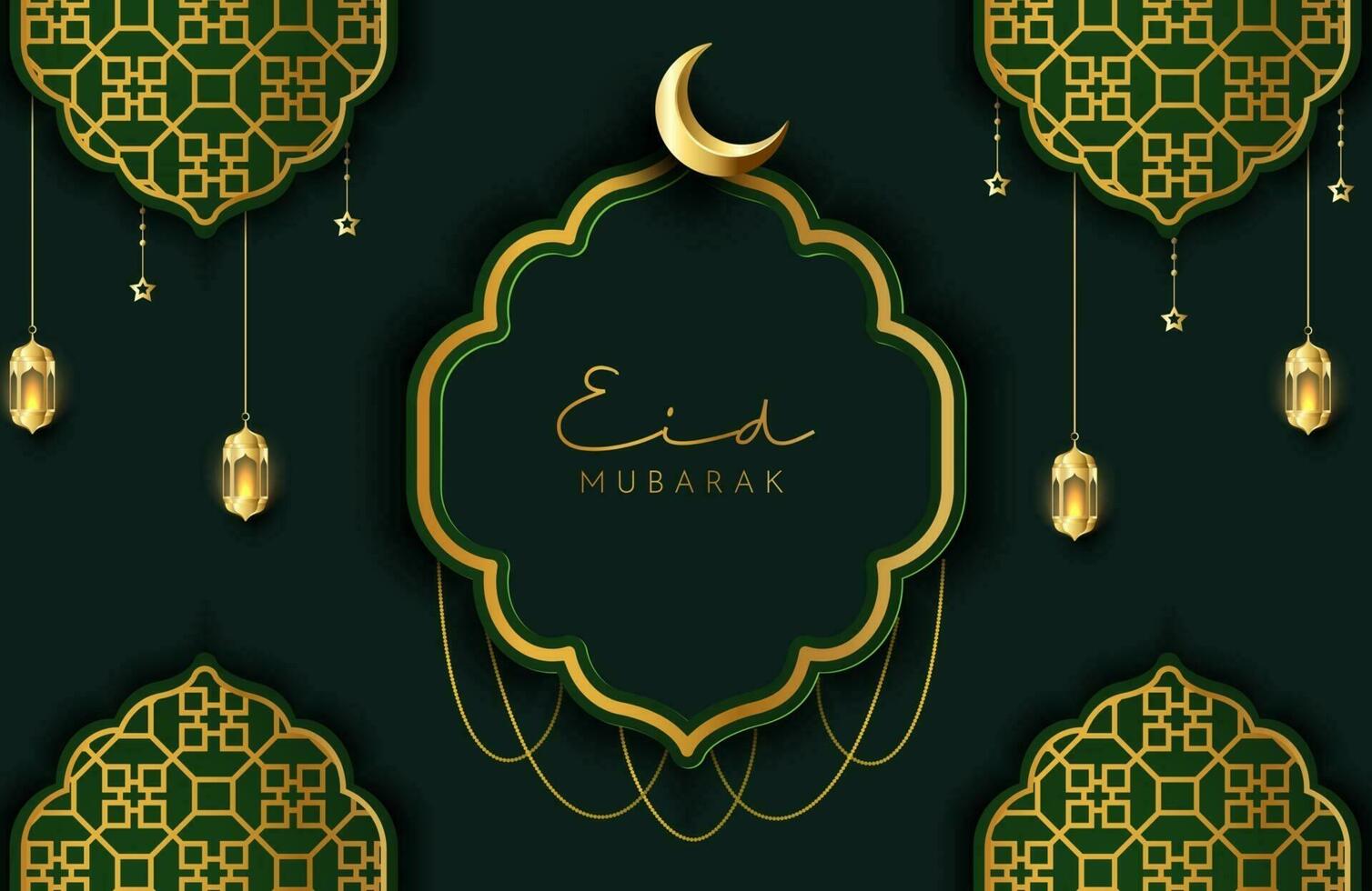 eid mubarak achtergrond in luxe stijl vectorillustratie van donkergroen islamitisch ontwerp met gouden lantaarn en wassende maan voor islamitische heilige maand vieringen vector