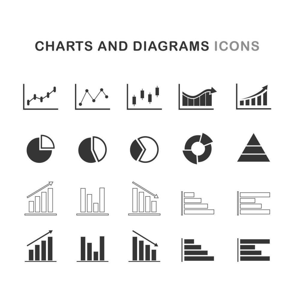 grafieken en diagrammen pictogrammen. verslag doen van pictogrammen. vector
